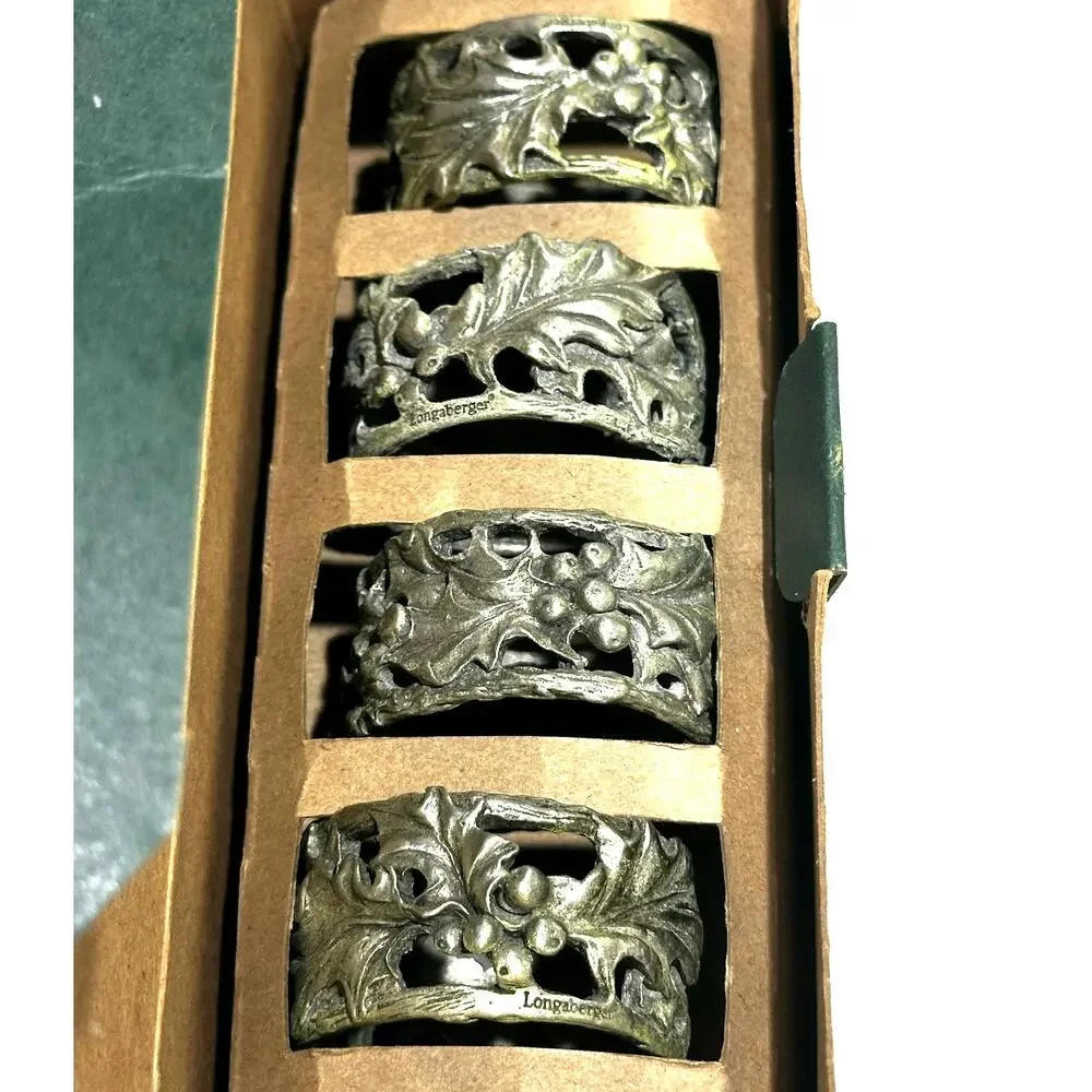Longaberger American Holly Pewter Napkin Rings 2001 Original Box #75736-Set of 4